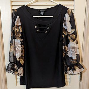 NWT, Medium, Adele and May black blouse with sheer floral sleeves.